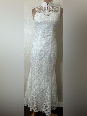 High-Neck White Lace Bridal Gown
